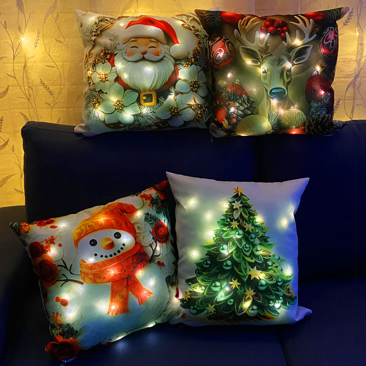 Cojines Navideños x4 Con Luces