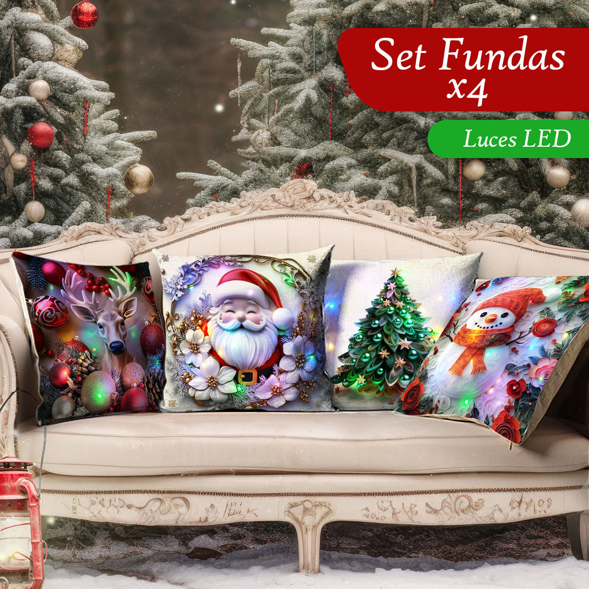 Cojines Navideños x4 Con Luces