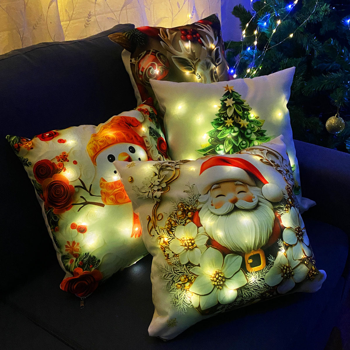 Cojines Navideños x4 Con Luces